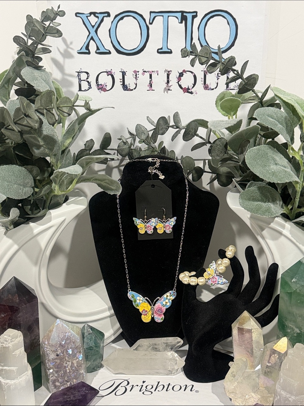 🦋 RARE SET BRIGHTON ‘BLOSSOM HILL GARDEN’ SWAROVSKI CRYST SLVR VTG HAND-PAINTED